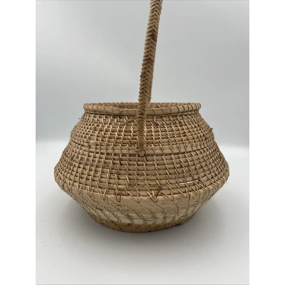 Vintage Hand Woven Natural Grass Basket Bulbous Round Handle Tan Boho Decor